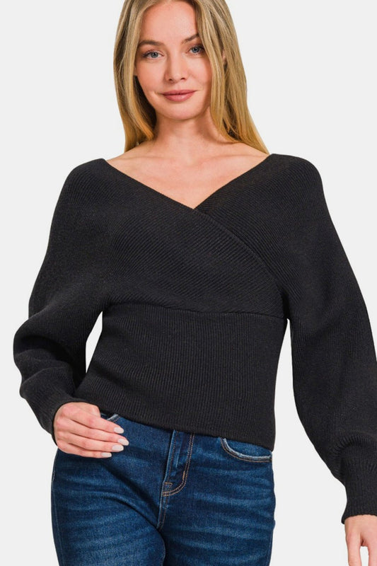 Zenana Cross Wrap Rib Long Sleeve Sweater - Bitsy Gypsy Boutique