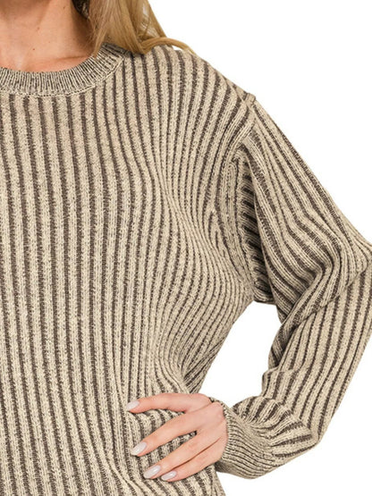 Zenana Curved Hem Two - Tone Ribbed Sweater - Bitsy Gypsy Boutique