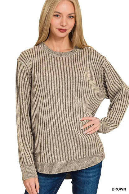 Zenana Curved Hem Two - Tone Ribbed Sweater - Bitsy Gypsy Boutique