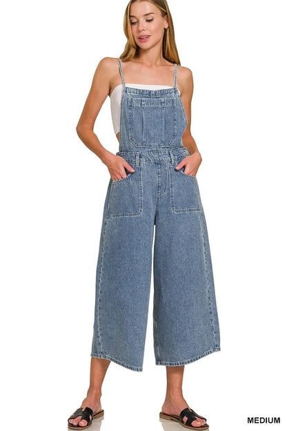 Zenana Denim Medium Washed Wide Leg Overalls - Bitsy Gypsy Boutique