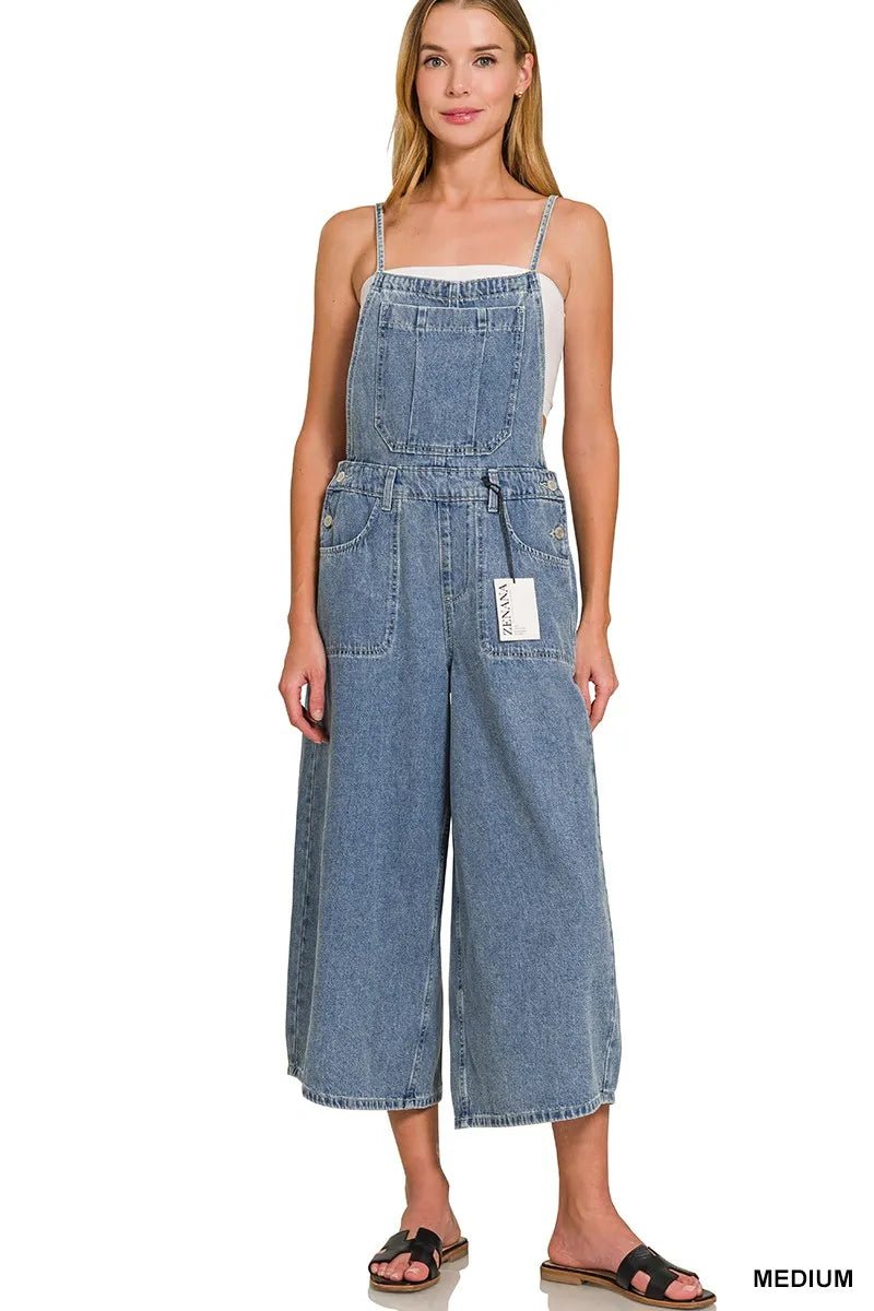 Zenana Denim Medium Washed Wide Leg Overalls - Bitsy Gypsy Boutique