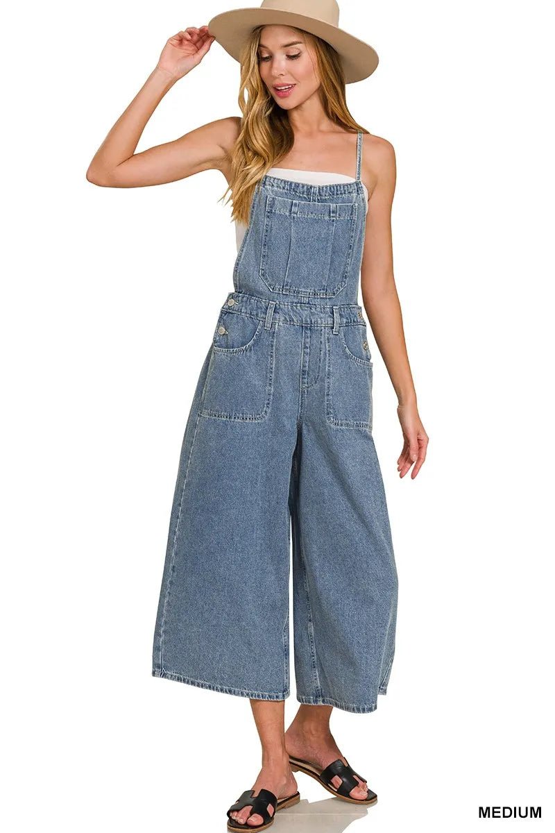 Zenana Denim Medium Washed Wide Leg Overalls - Bitsy Gypsy Boutique
