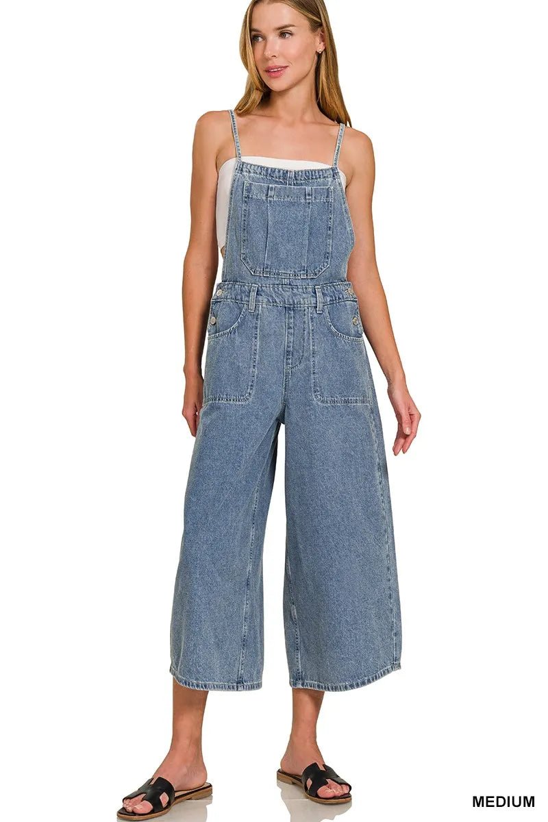Zenana Denim Medium Washed Wide Leg Overalls - Bitsy Gypsy Boutique