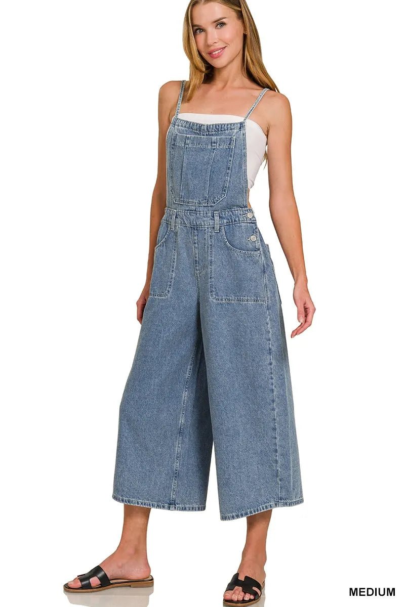 Zenana Denim Medium Washed Wide Leg Overalls - Bitsy Gypsy Boutique