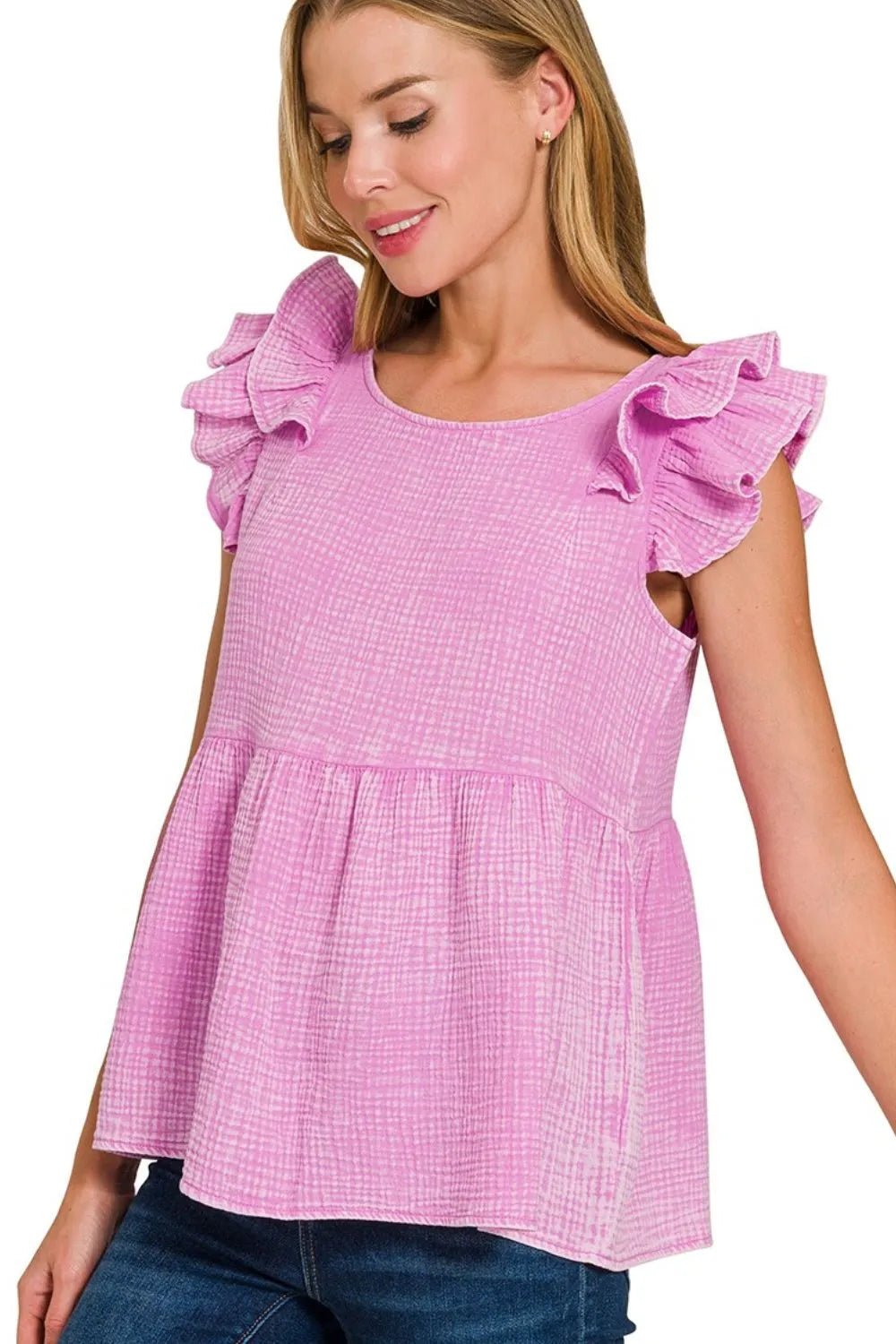 Zenana Double Gauze Acid Washed Tiered Ruffle Peplum Top - Bitsy Gypsy Boutique