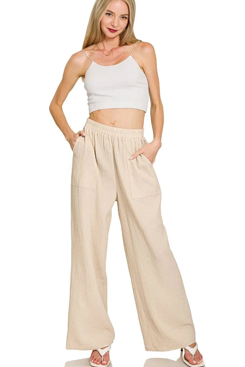 Zenana Double Gauze Elastic Band Pants - Bitsy Gypsy Boutique
