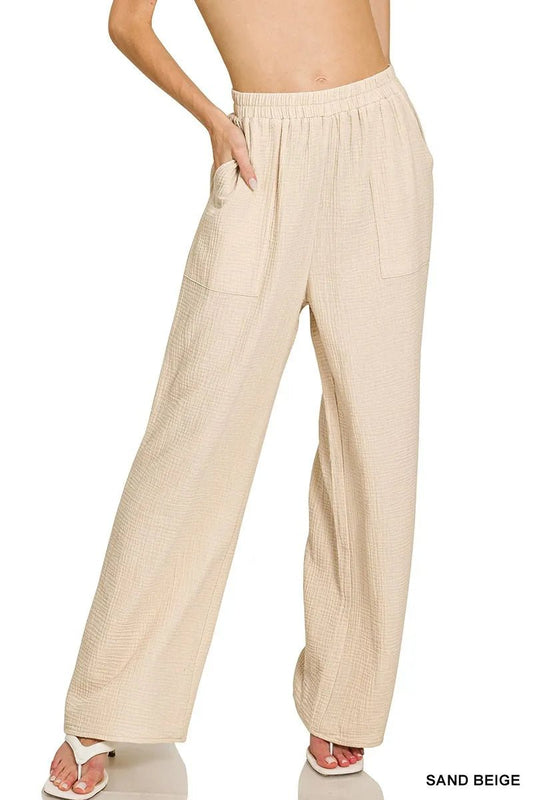 Zenana Double Gauze Elastic Band Pants - Bitsy Gypsy Boutique
