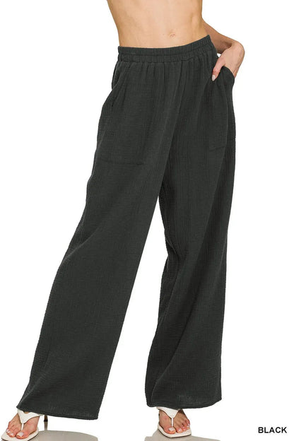 Zenana Double Gauze Elastic Band Pants - Bitsy Gypsy Boutique
