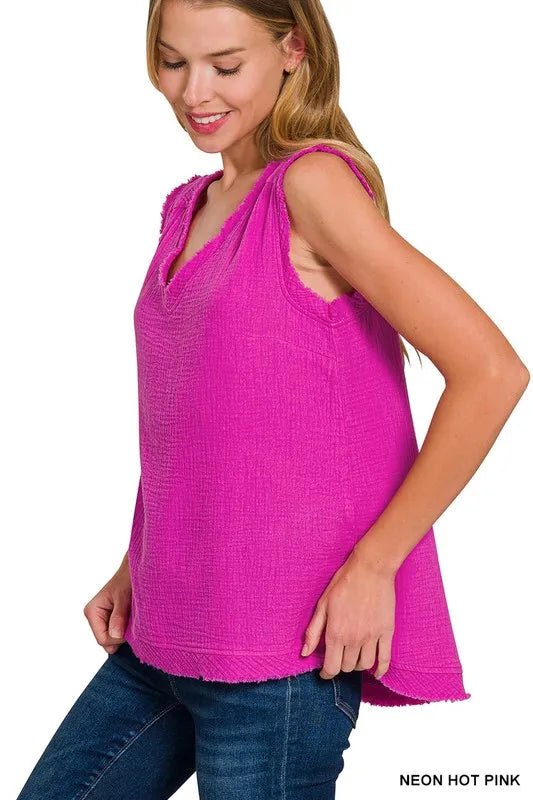 Zenana Double Gauze Raw Edge V - Neck Tank - Bitsy Gypsy Boutique