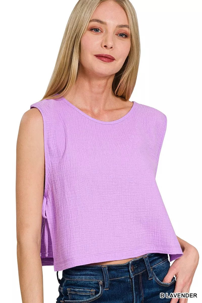 Zenana Double Gauze Side Tie Sleeveless Top - Bitsy Gypsy Boutique
