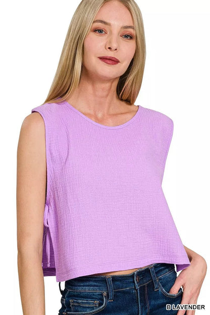 Zenana Double Gauze Side Tie Sleeveless Top - Bitsy Gypsy Boutique