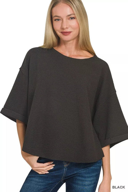 Zenana Double Knit Exposed Seam Curved Hem Top - Bitsy Gypsy Boutique