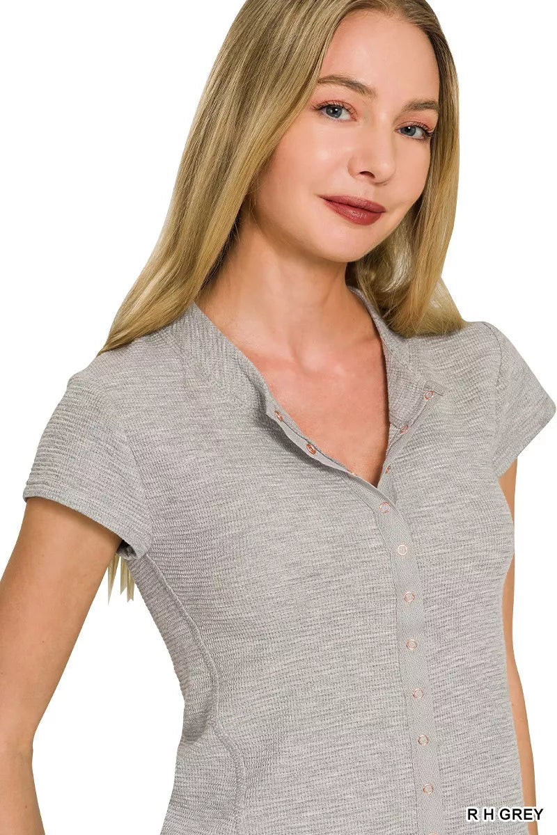 Zenana Double Knit Snap Button Short Sleeve Shirt - Bitsy Gypsy Boutique