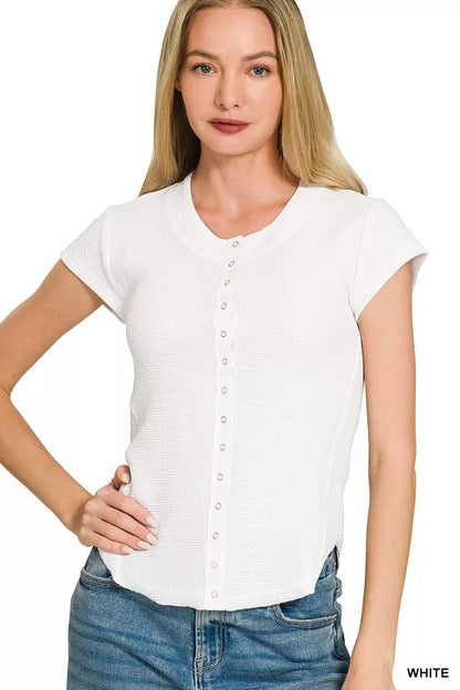 Zenana Double Knit Snap Button Short Sleeve Shirt - Bitsy Gypsy Boutique