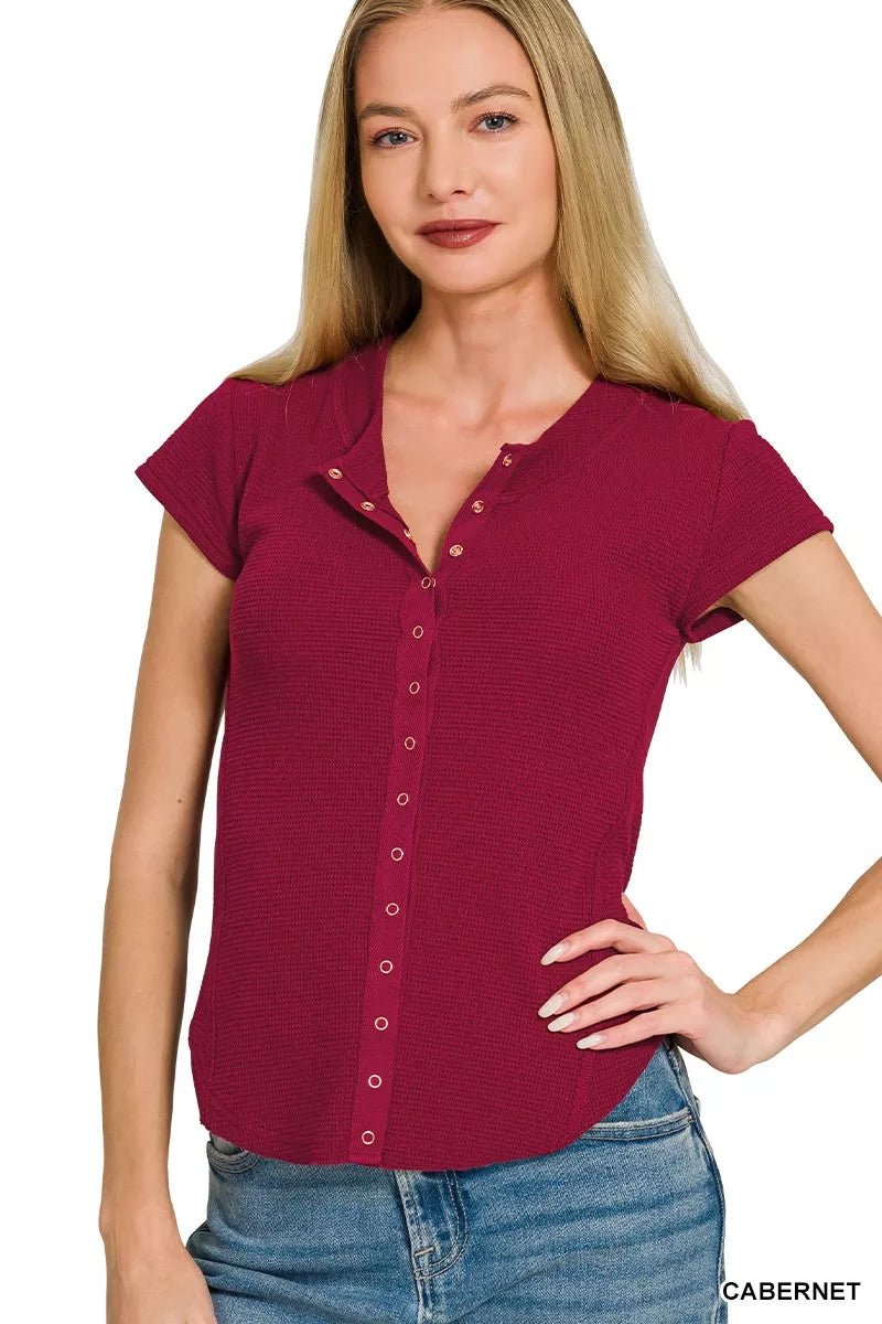 Zenana Double Knit Snap Button Short Sleeve Shirt - Bitsy Gypsy Boutique