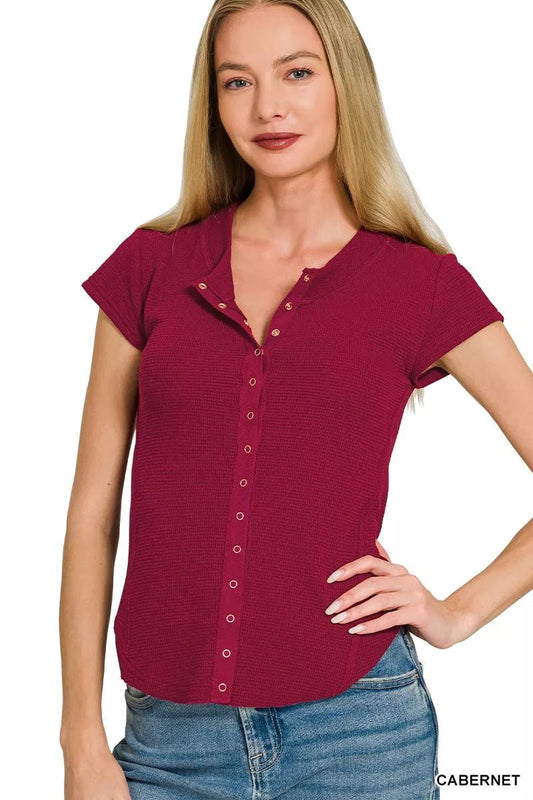 Zenana Double Knit Snap Button Short Sleeve Shirt - Bitsy Gypsy Boutique