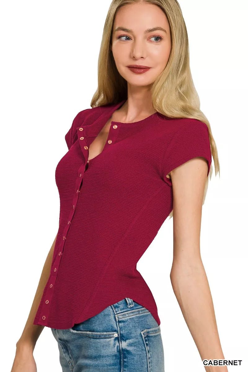 Zenana Double Knit Snap Button Short Sleeve Shirt - Bitsy Gypsy Boutique