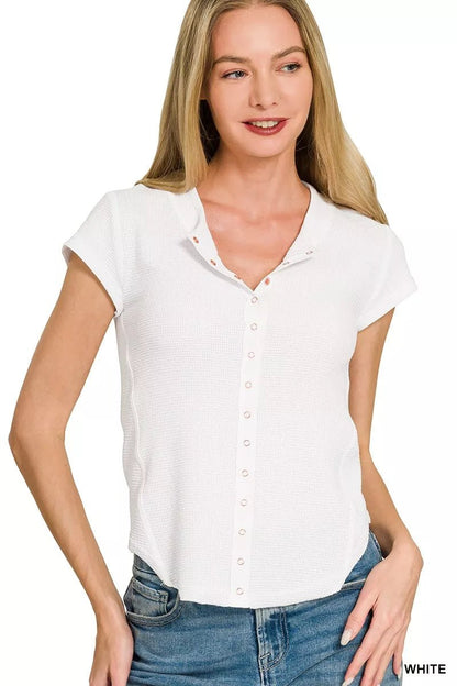 Zenana Double Knit Snap Button Short Sleeve Shirt - Bitsy Gypsy Boutique