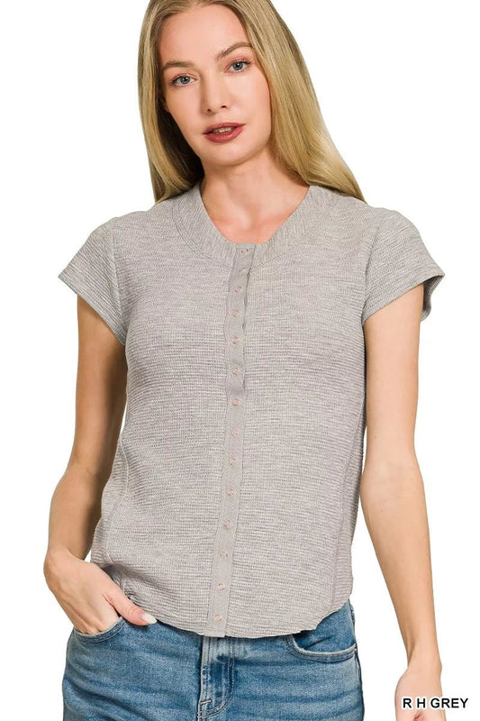 Zenana Double Knit Snap Button Short Sleeve Shirt - Bitsy Gypsy Boutique