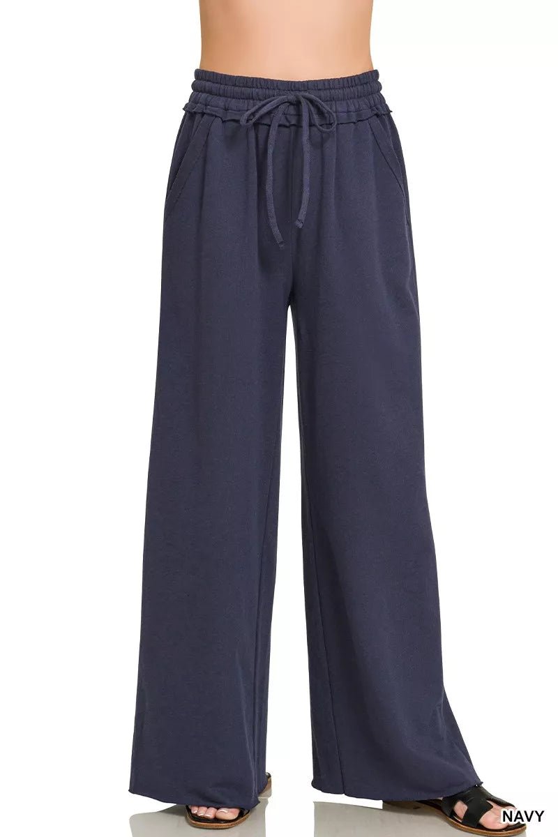 Zenana Drawstring French Terry Wide Leg Sweatpants - Bitsy Gypsy Boutique