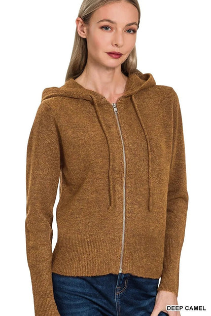 Zenana Drawstring Zip Up Hooded Cardigan - Bitsy Gypsy Boutique