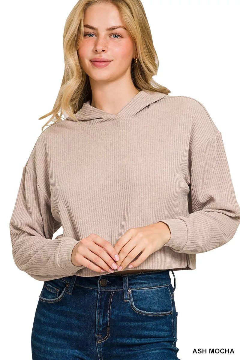 Zenana Drop Shoulder Ribbed Crop Hoodie - Bitsy Gypsy Boutique