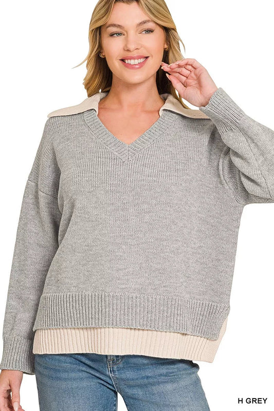 Zenana Dual-look Collared V-neck Sweater - Bitsy Gypsy Boutique