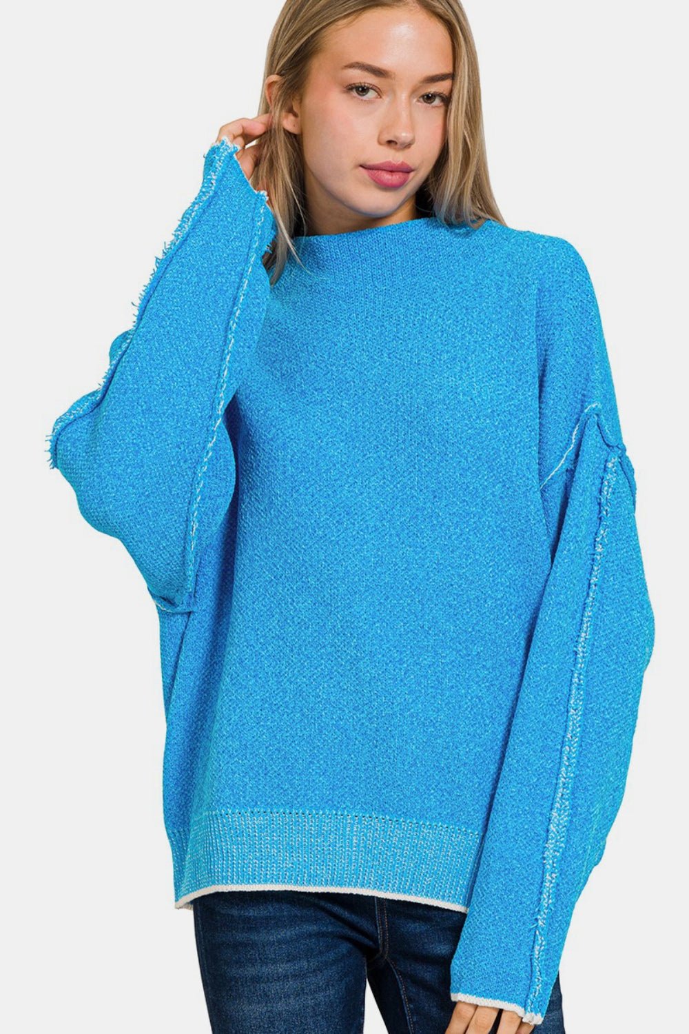 Zenana Exposed Seam Mock Neck Long Sleeve Sweater - Bitsy Gypsy Boutique