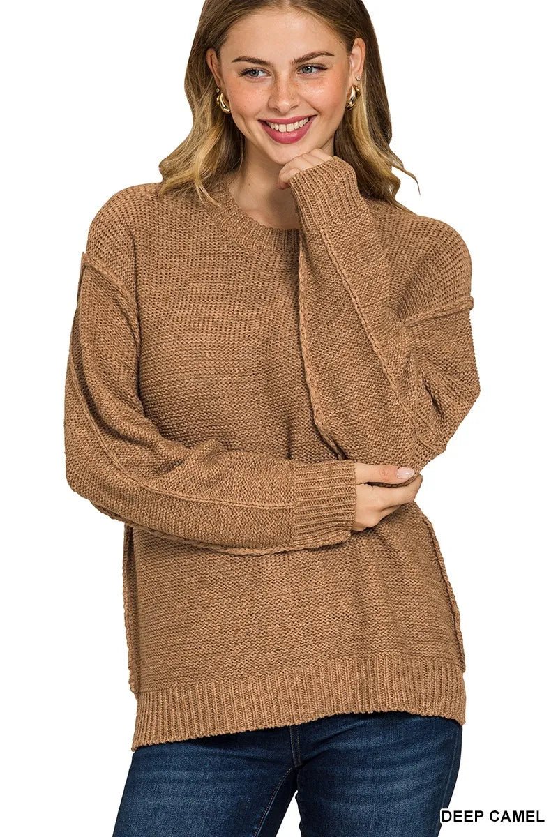 Zenana Exposed Seam Round Neck Sweater - Bitsy Gypsy Boutique