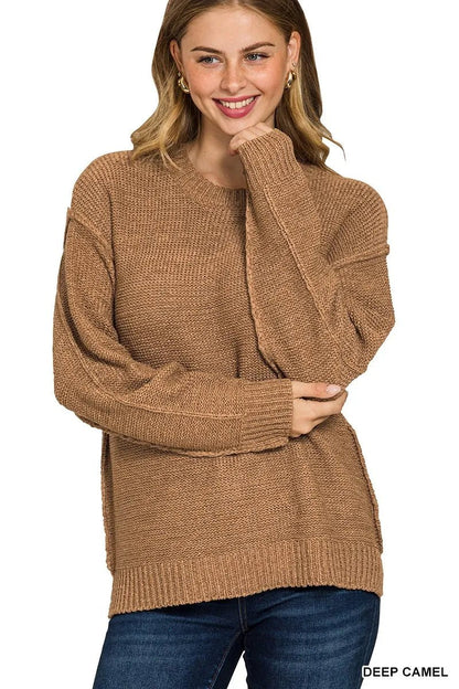 Zenana Exposed Seam Round Neck Sweater - Bitsy Gypsy Boutique
