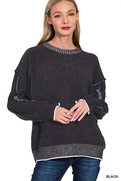 Zenana Exposed Seam Round Neck Two - Tone Sweater - Bitsy Gypsy Boutique