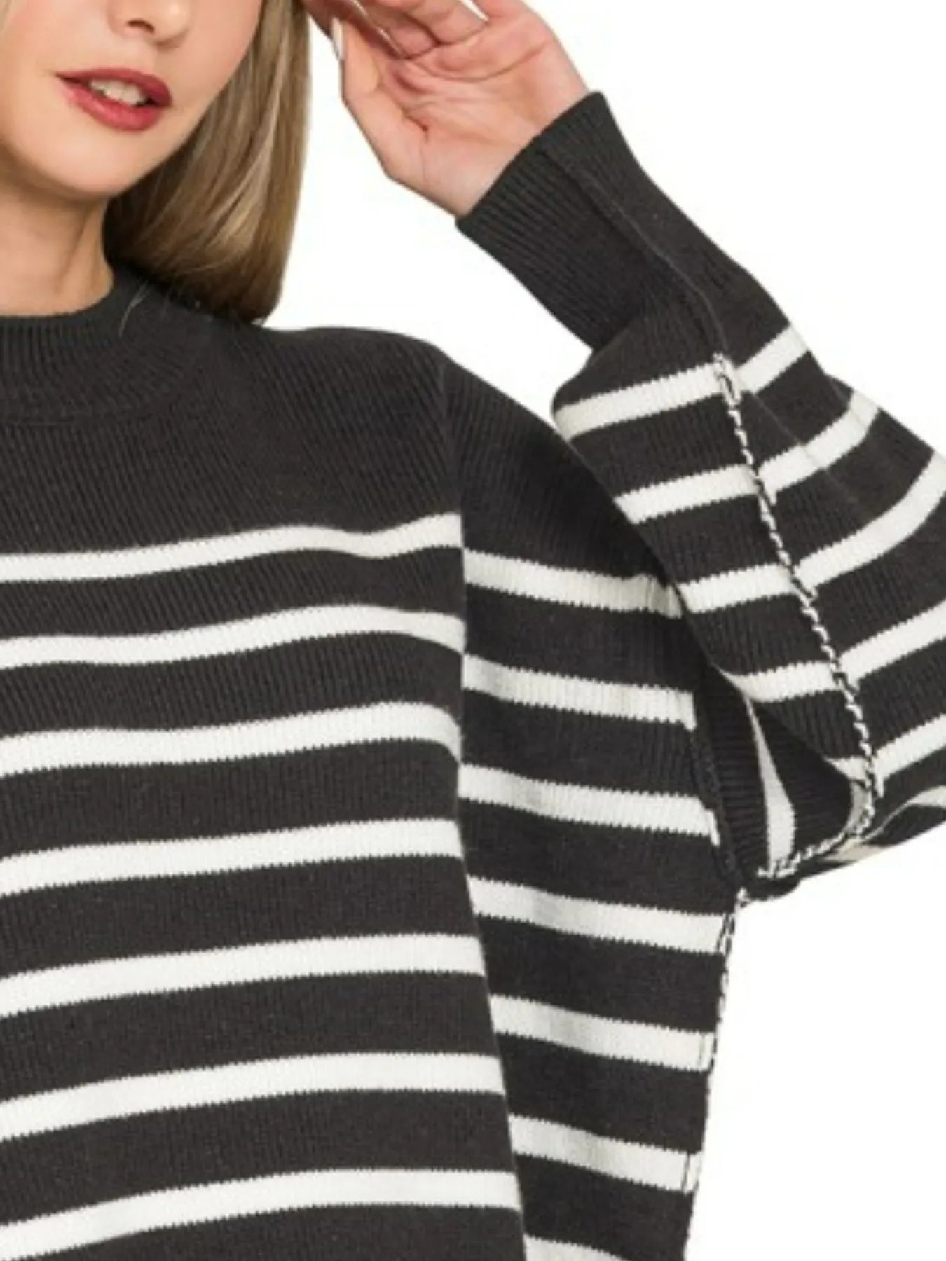Zenana Exposed Seam Striped Oversized Sweater - Bitsy Gypsy Boutique