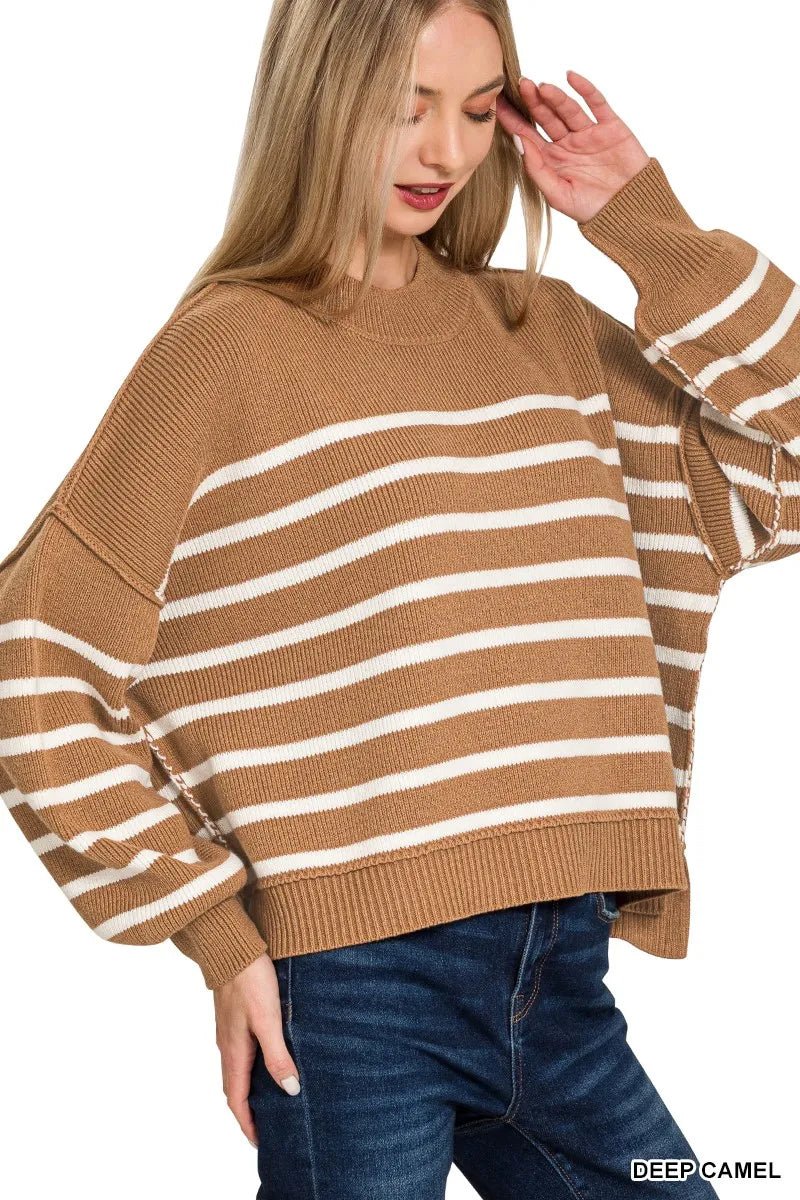 Zenana Exposed Seam Striped Oversized Sweater - Bitsy Gypsy Boutique