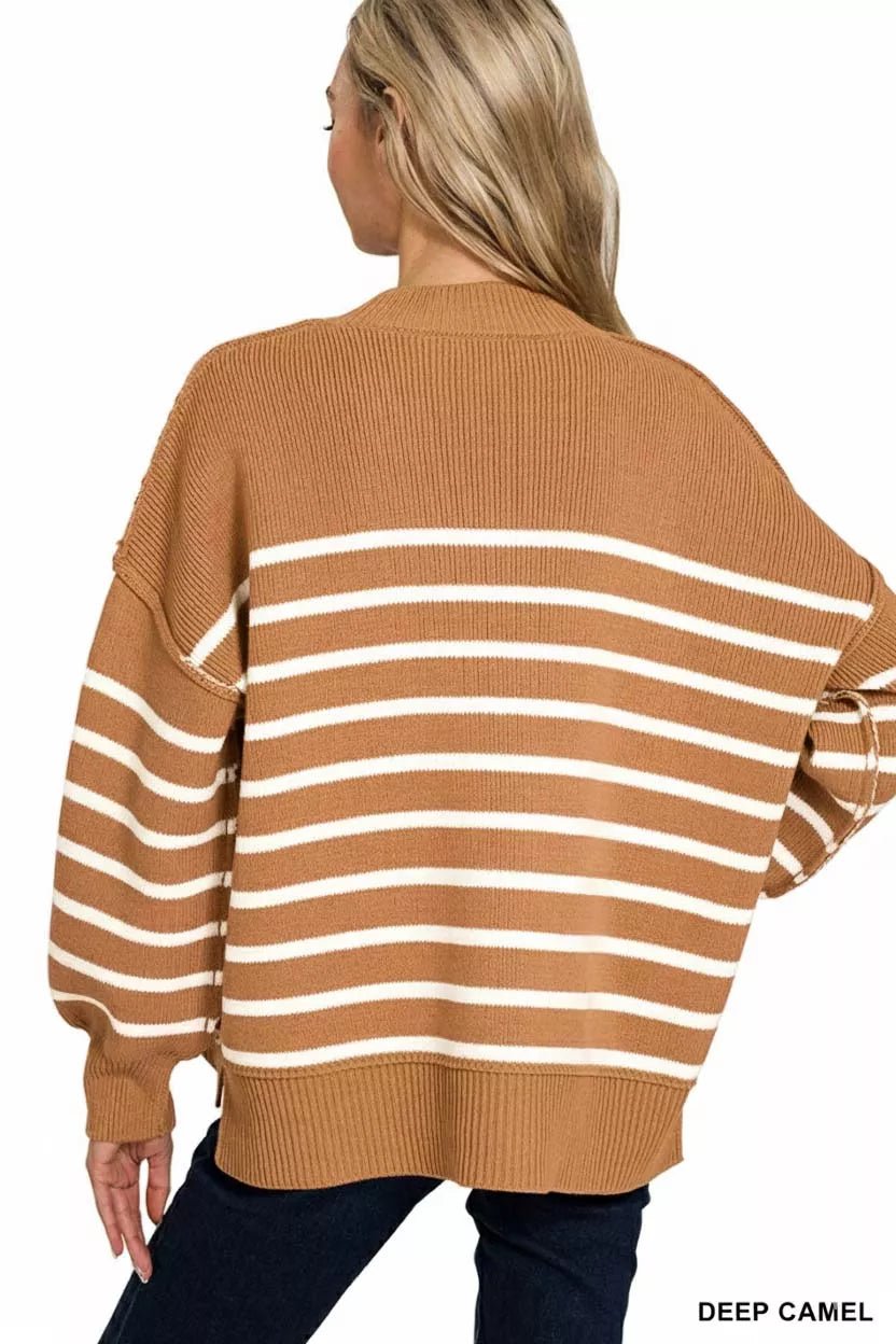 Zenana Exposed Seam Striped Oversized Sweater - Bitsy Gypsy Boutique