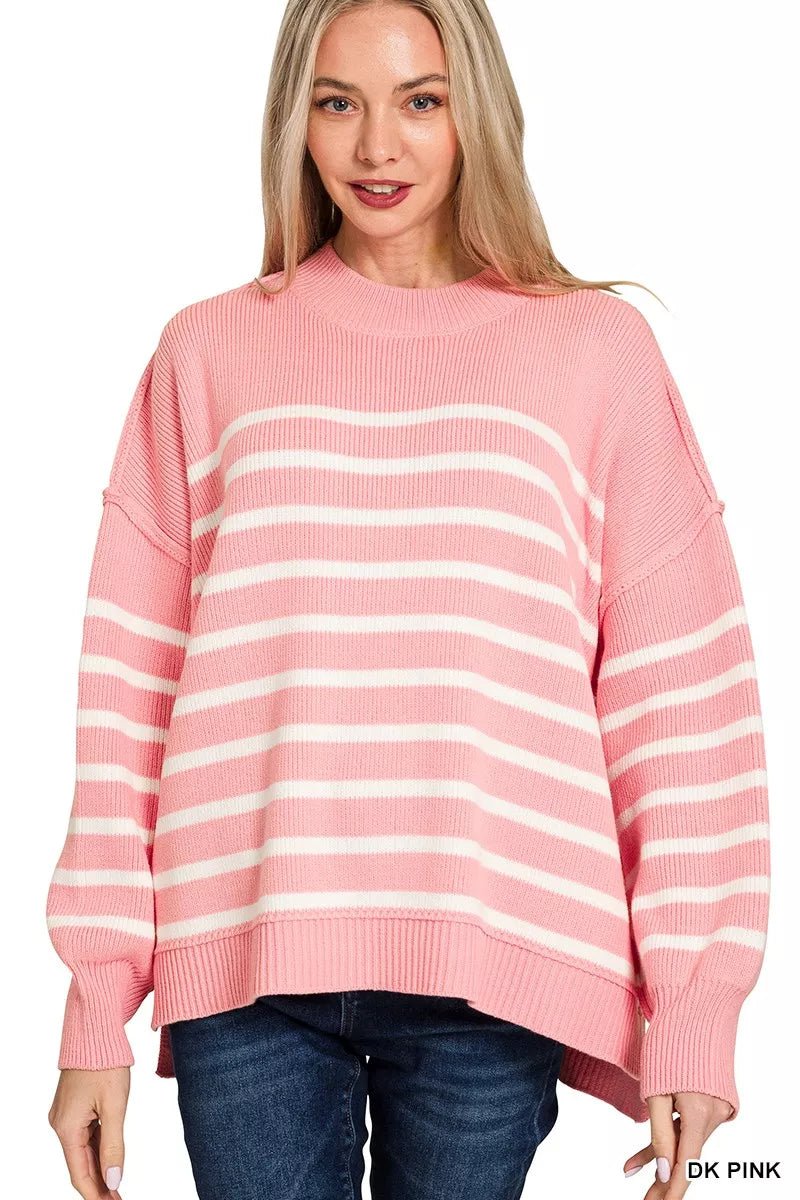 Zenana Exposed Seam Striped Oversized Sweater - Bitsy Gypsy Boutique