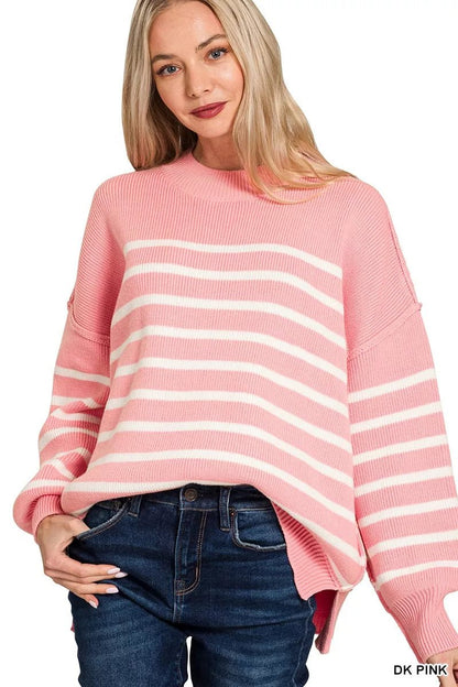 Zenana Exposed Seam Striped Oversized Sweater - Bitsy Gypsy Boutique