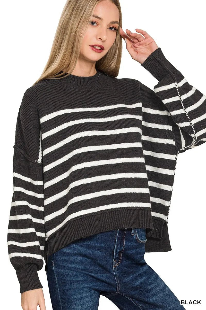 Zenana Exposed Seam Striped Oversized Sweater - Bitsy Gypsy Boutique
