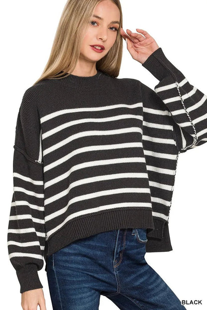 Zenana Exposed Seam Striped Oversized Sweater - Bitsy Gypsy Boutique