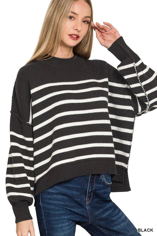 Zenana Exposed Seam Striped Oversized Sweater - Bitsy Gypsy Boutique