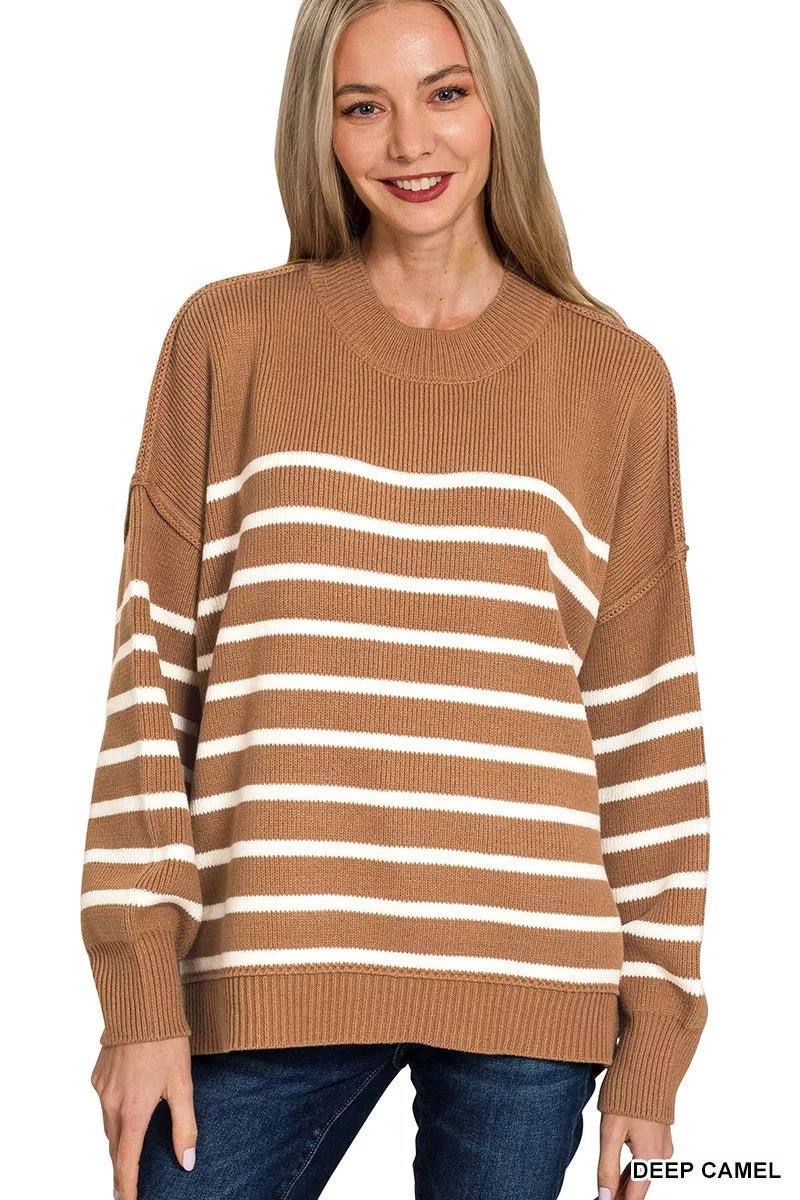Zenana Exposed Seam Striped Oversized Sweater - Bitsy Gypsy Boutique