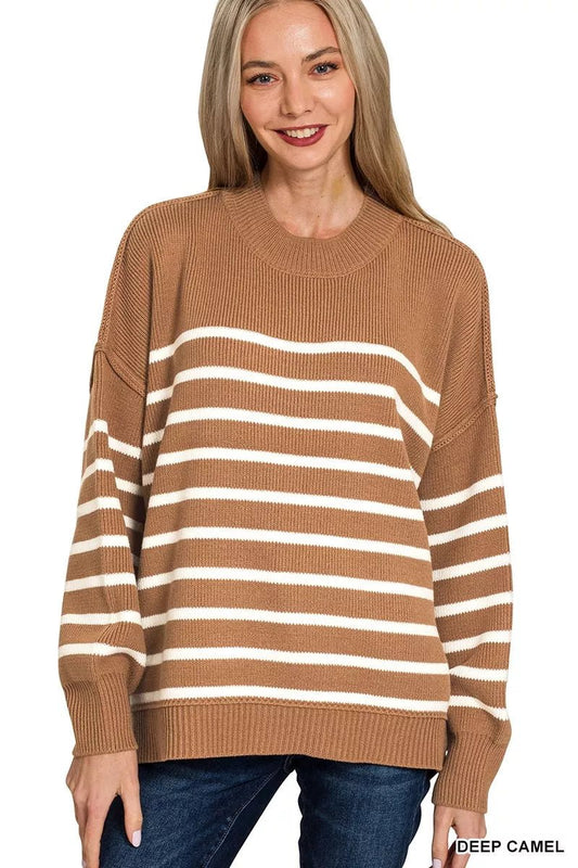 Zenana Exposed Seam Striped Oversized Sweater - Bitsy Gypsy Boutique