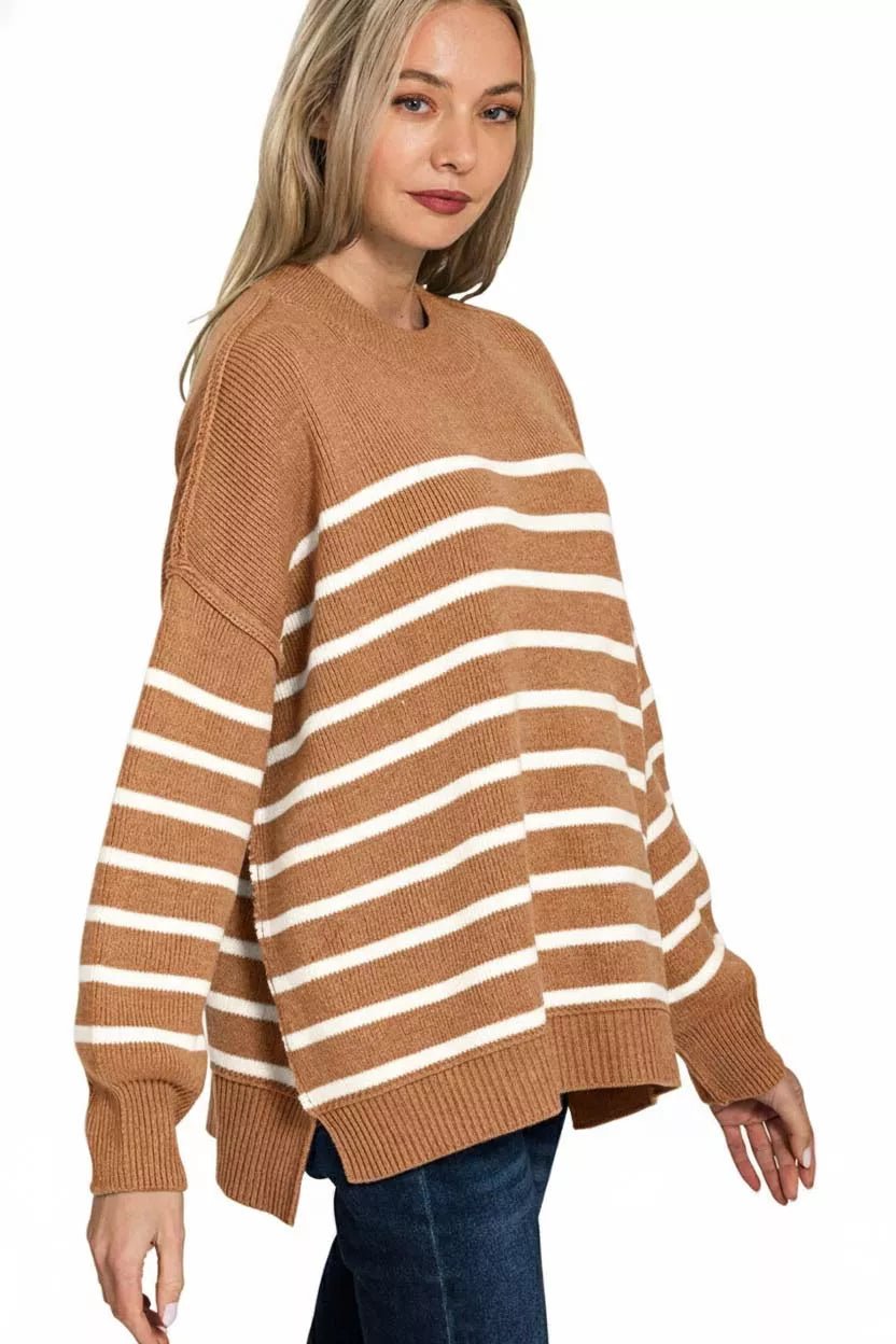 Zenana Exposed Seam Striped Oversized Sweater - Bitsy Gypsy Boutique