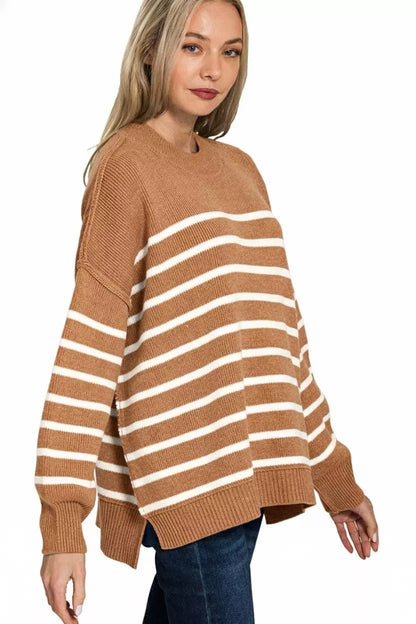 Zenana Exposed Seam Striped Oversized Sweater - Bitsy Gypsy Boutique
