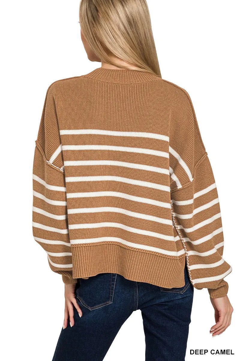 Zenana Exposed Seam Striped Oversized Sweater - Bitsy Gypsy Boutique