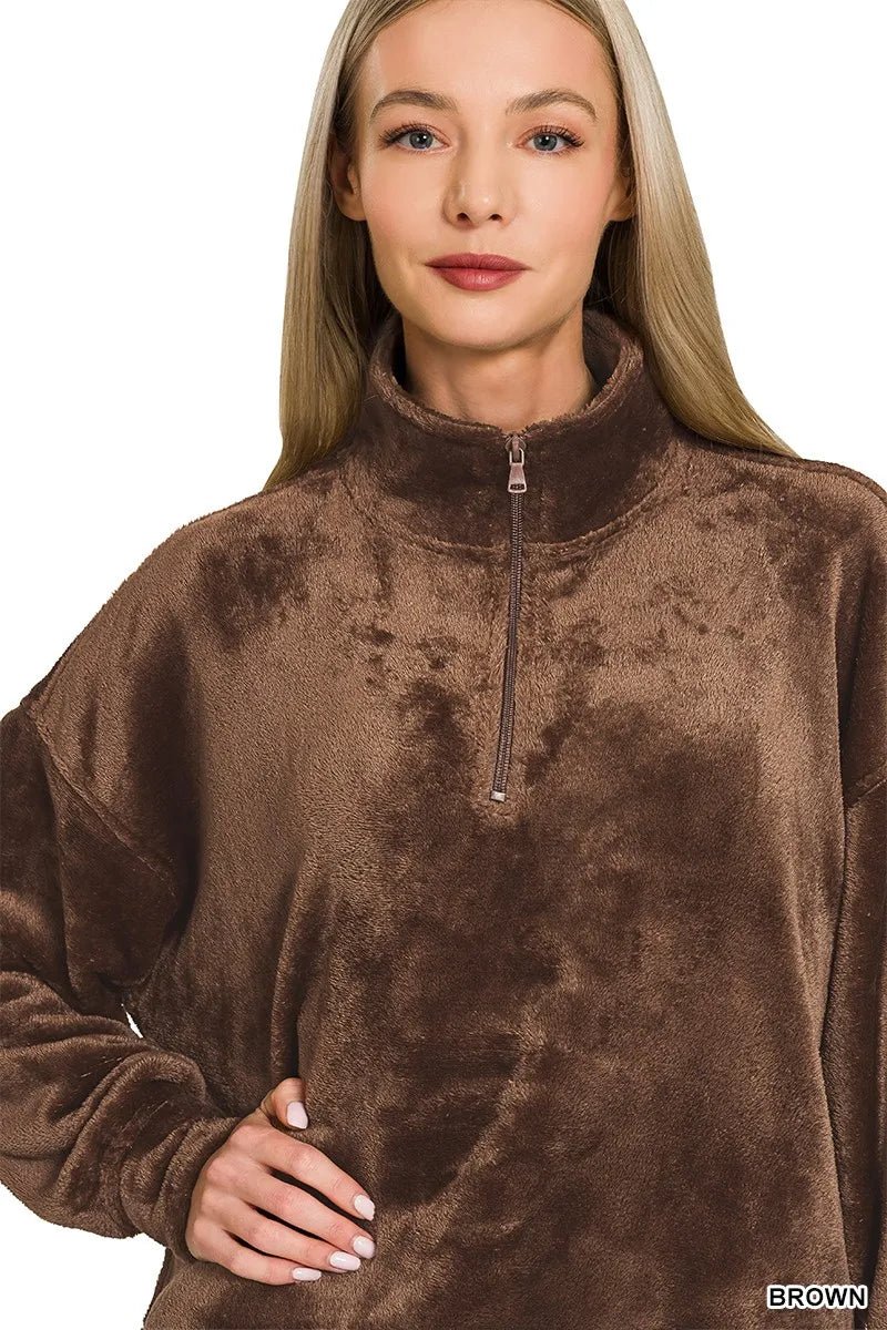 Zenana Faux Fur Half Zip Pocket Pullover - Bitsy Gypsy Boutique