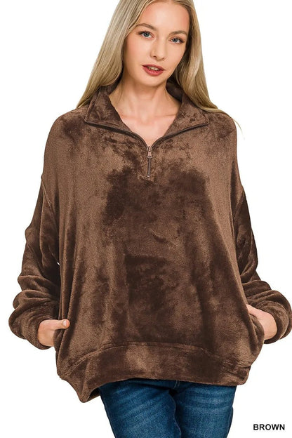 Zenana Faux Fur Half Zip Pocket Pullover - Bitsy Gypsy Boutique