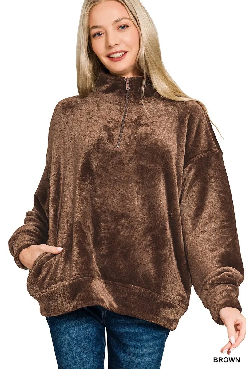 Zenana Faux Fur Half Zip Pocket Pullover - Bitsy Gypsy Boutique
