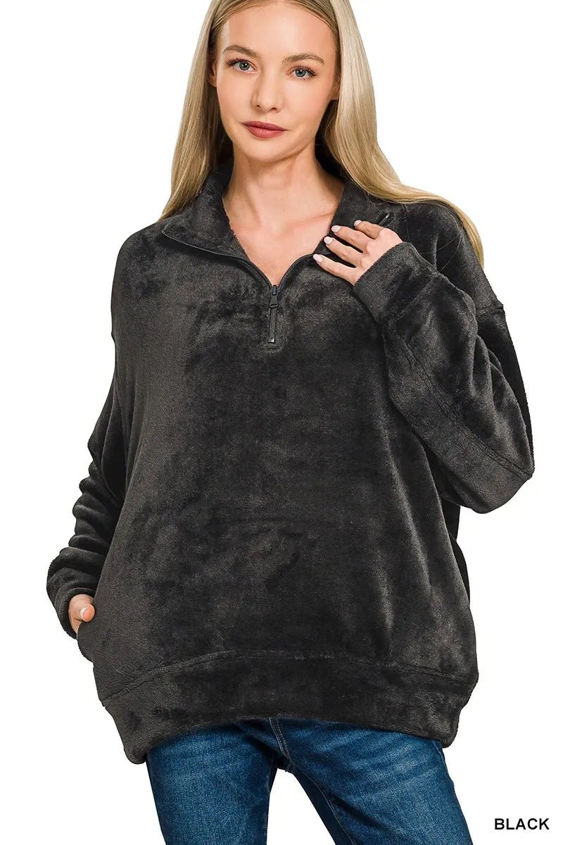 Zenana Faux Fur Half Zip Pocket Pullover - Bitsy Gypsy Boutique