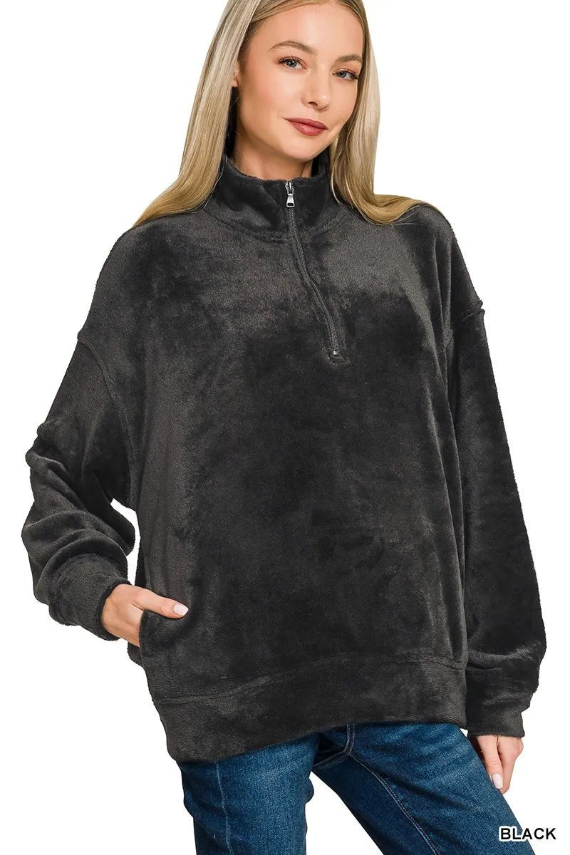 Zenana Faux Fur Half Zip Pocket Pullover - Bitsy Gypsy Boutique