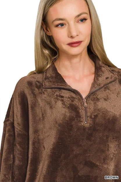 Zenana Faux Fur Half Zip Pocket Pullover - Bitsy Gypsy Boutique